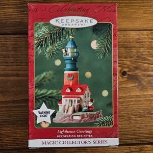 Lighthouse Greetings 2001 Hallmark Keepsake Christmas Ornament W Flashing Light